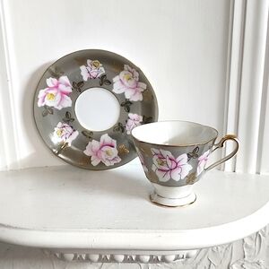 Japanese SHAFFORD Hand Painted gray Teacup and saucer hand painted white rose